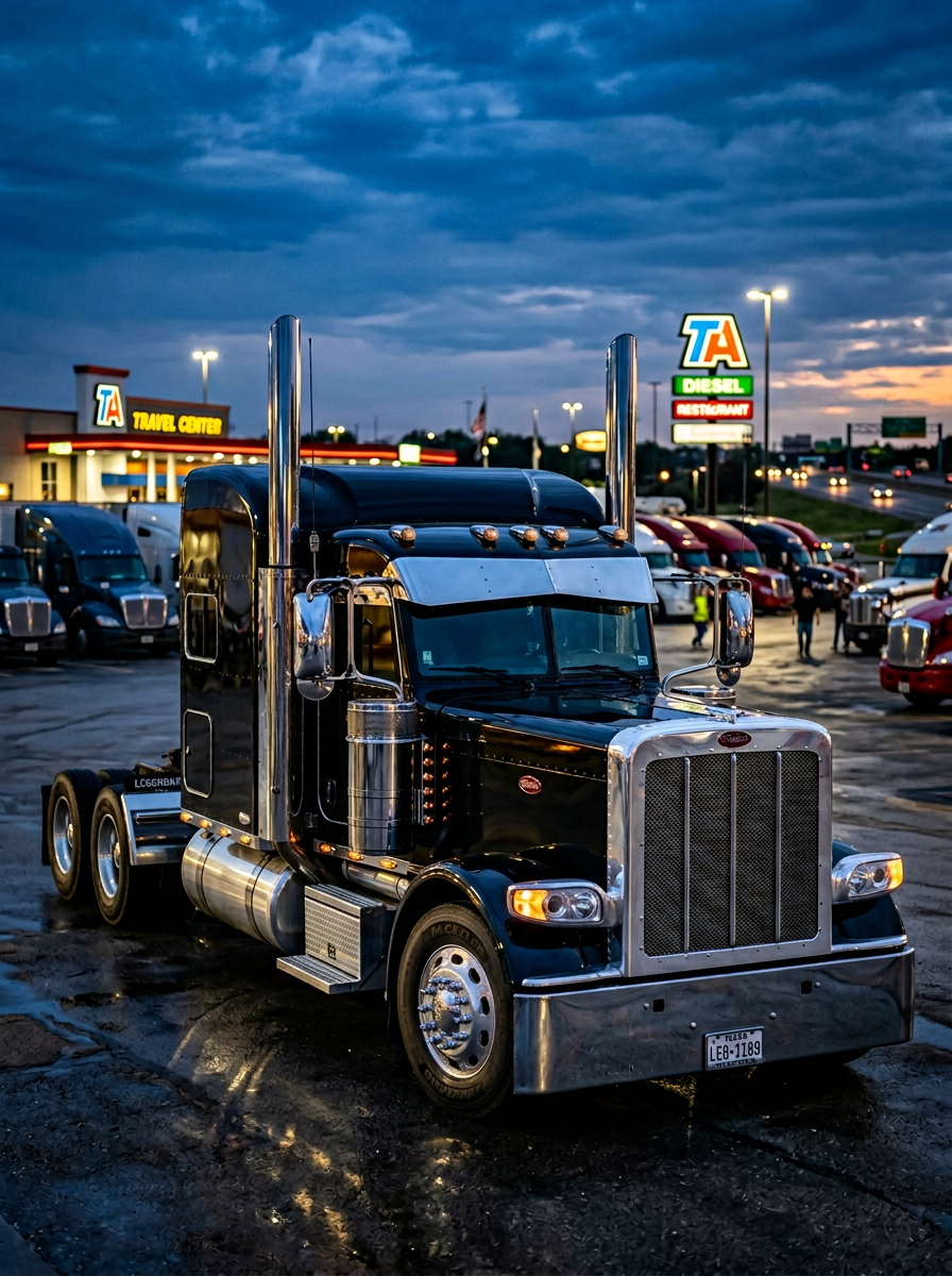 Black and chrome Peterbilt 389 at an American truck stop at dusk