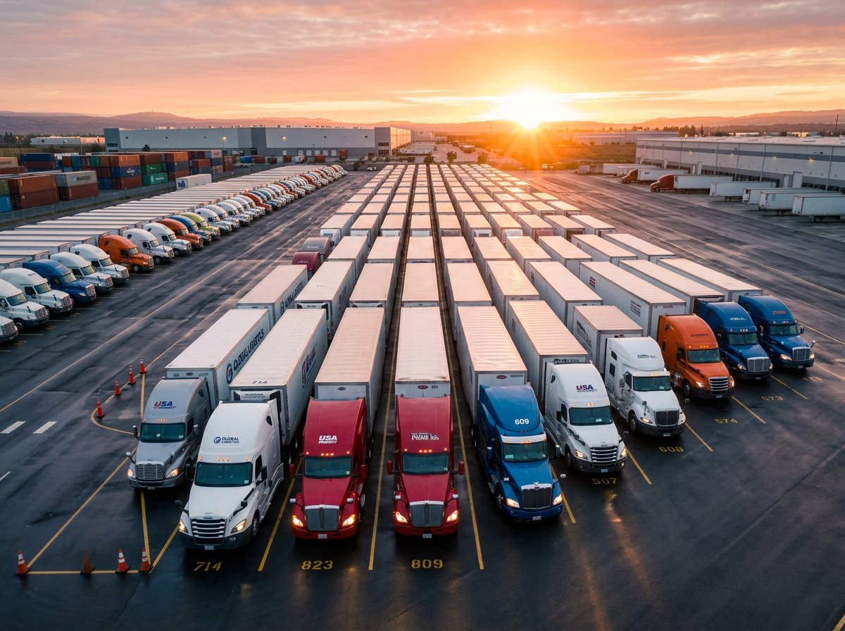 Fleet of modern American semi-trucks lined up at the logistics yard at sunrise