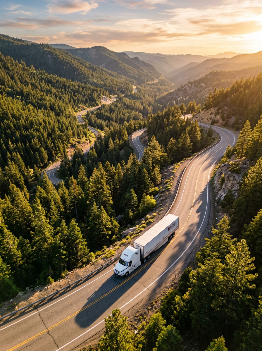 Aerial view of a white American semi-truck on a winding US mountain highway