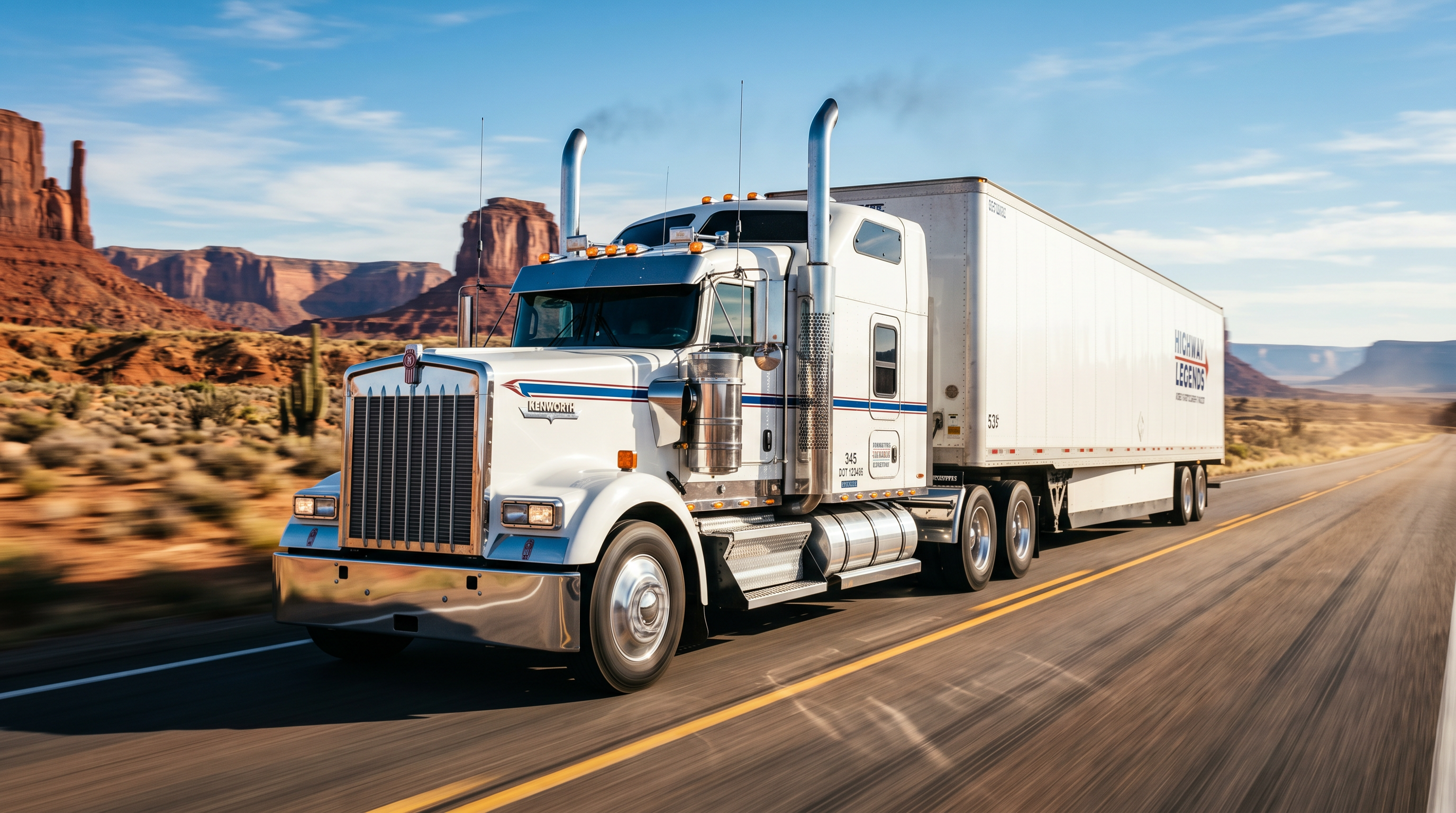 White Kenworth semi-truck driving fast across an American desert highway