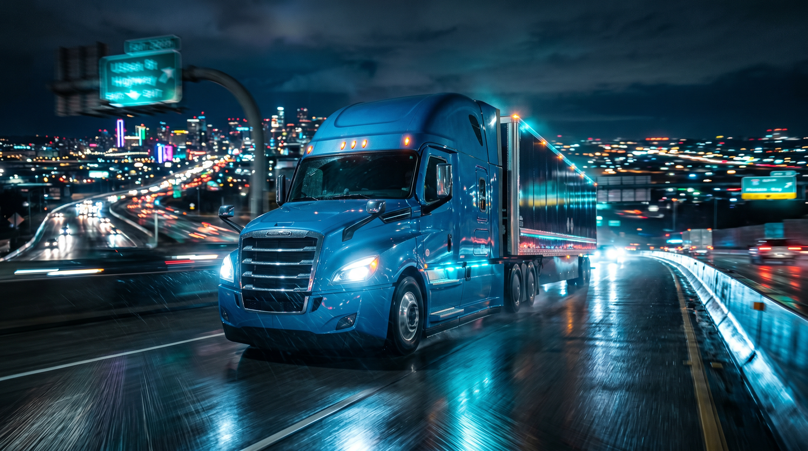 Modern Freightliner semi-truck driving at night with glowing headlights on a US highway